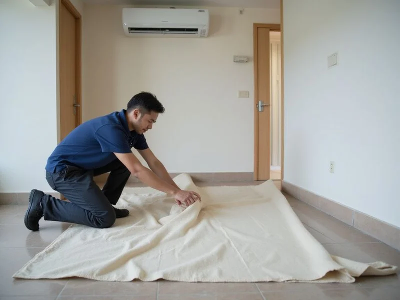ML Solution technician laying canvas floor protection before aircond chemical wash in Shah Alam home